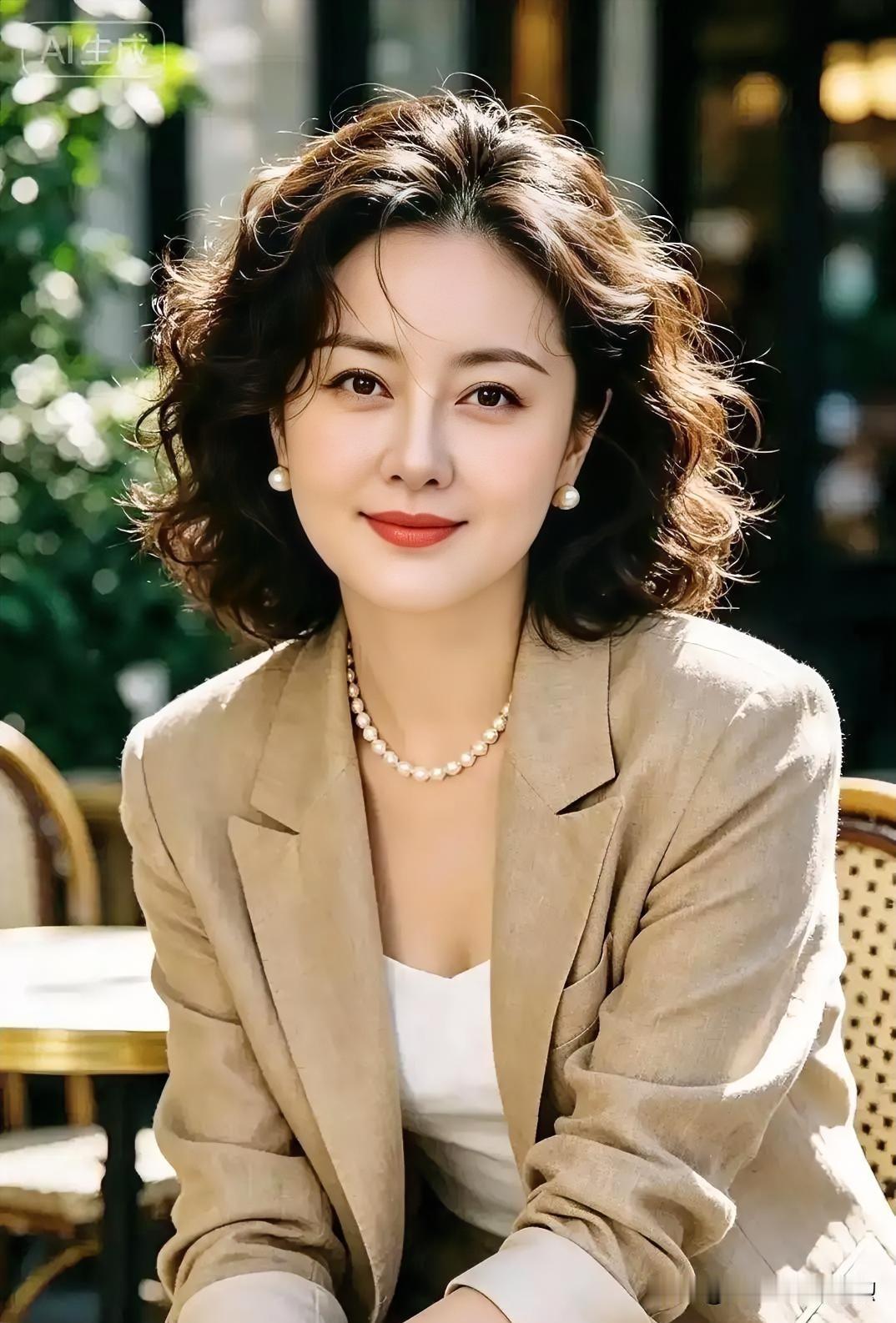 光影斑驳间，浅咖西装搭配温润珍珠，卷发微扬，从容浅笑，诠释岁月沉淀的优雅与知性。