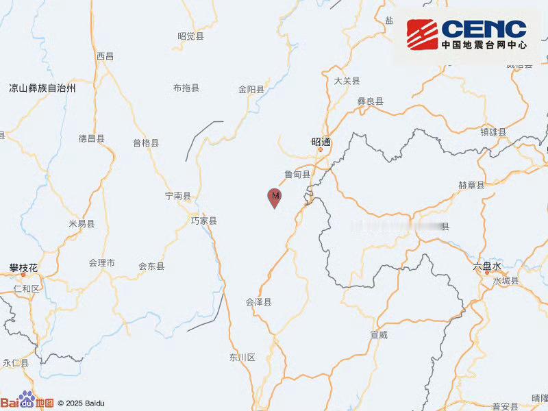 中国地震台网正式测定：01月19日19时32分在云南昭通市巧家县（北纬27.01