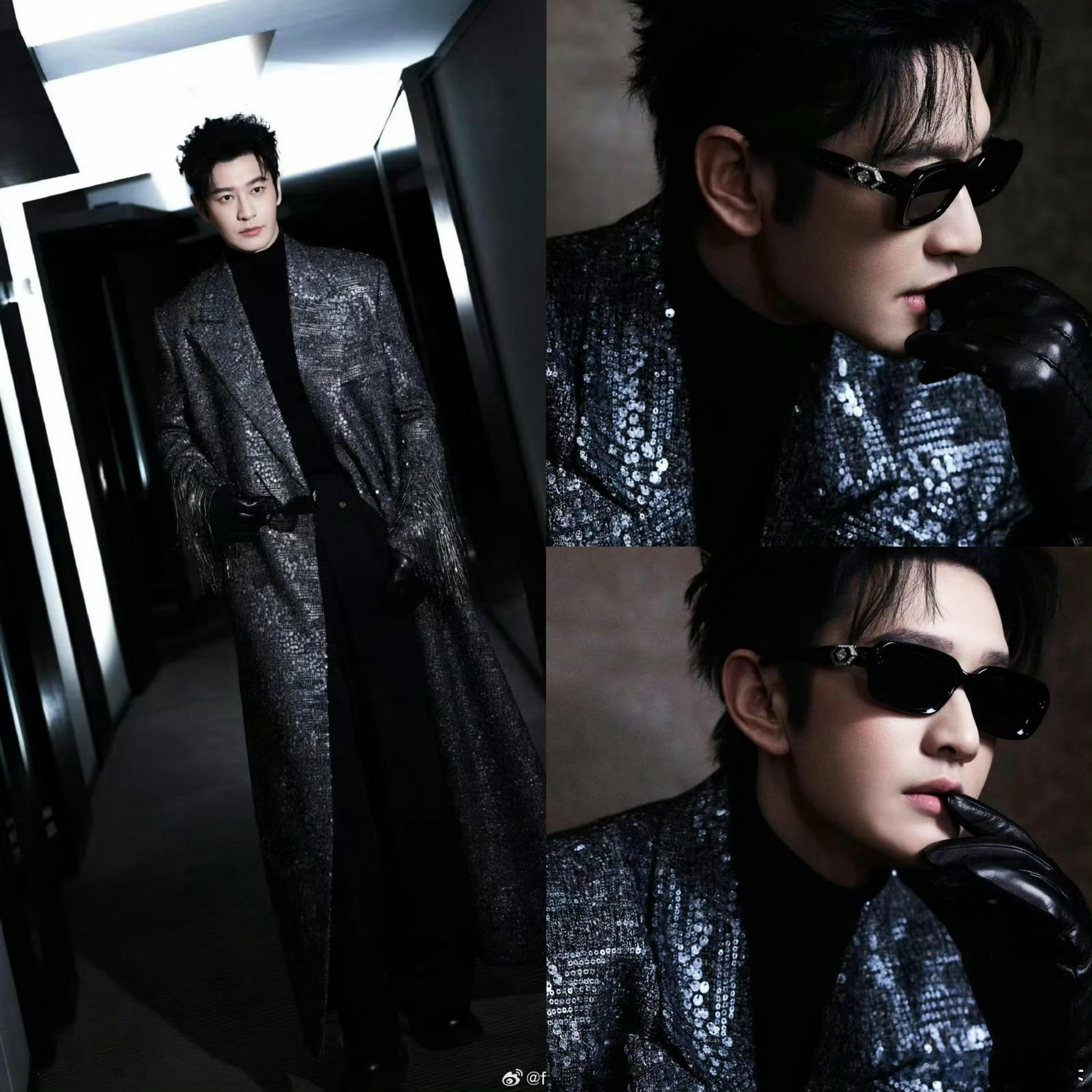 黑银亮片西装自带锋芒，墨镜和皮手套又添了几分冷冽的禁欲感，侧颜线条利落又精致，每