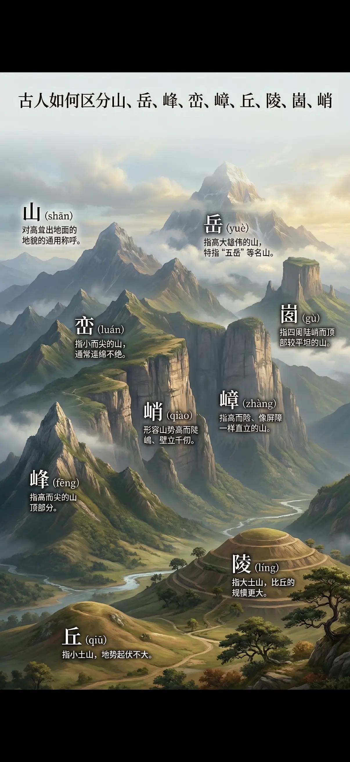 山、岳、峰、峦、嶂、丘、陵、崮、峭如何区分