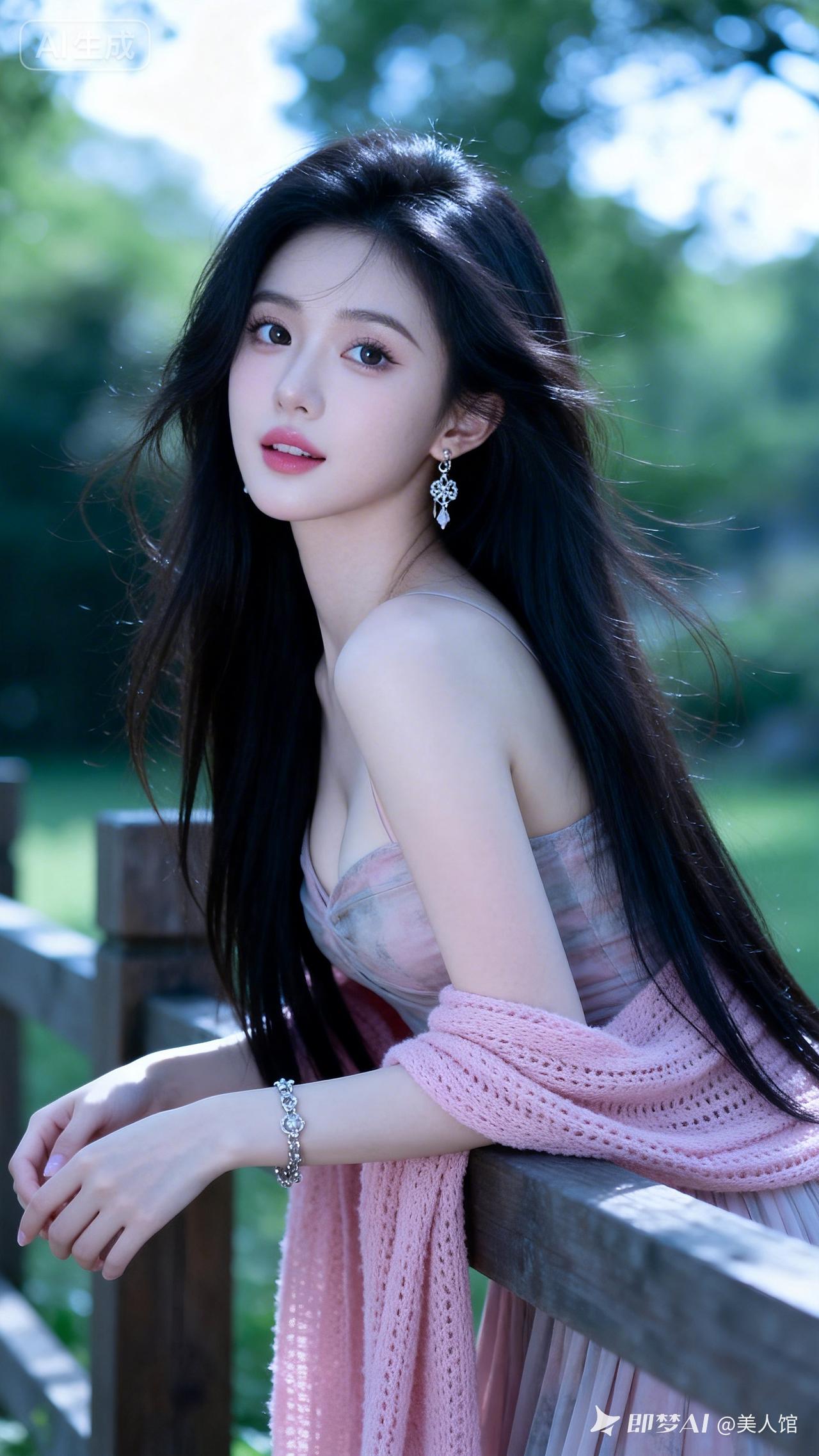 高亮美女大眼精致妆容配精巧首饰，长裙搭粉色针织披肩，黑长直发丝蓬松自然，冷白皮江