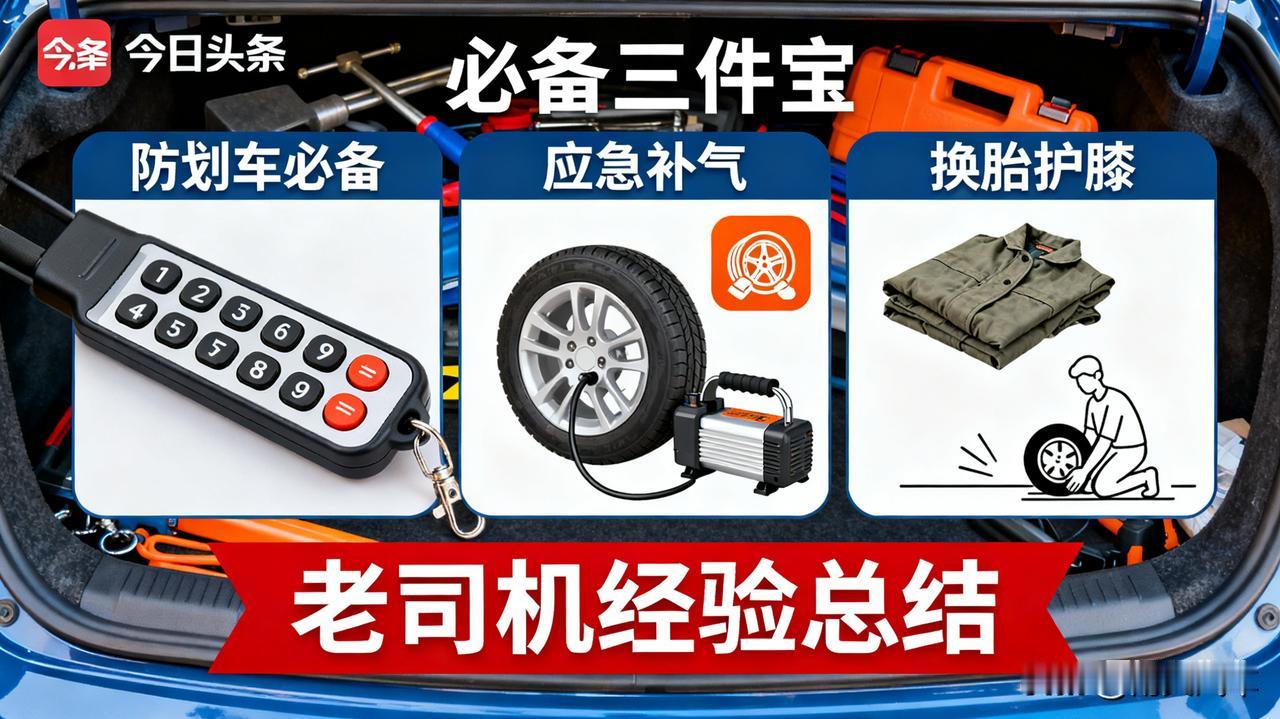 后备箱常备三样宝

1、挪车电话牌，避免被划车；2、充气泵，随时补气；3、一件旧