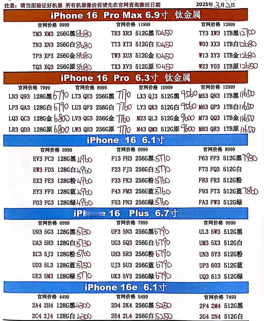 3月2日国行苹果手机系列价格更新，今天的16系列多数型号小跌一点，个别小小涨一点