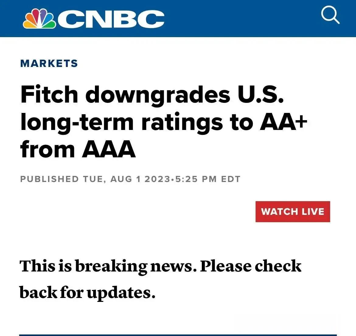 国际评级机构惠誉（Fitch Ratings）将美国的长期信用评级从“AAA”下