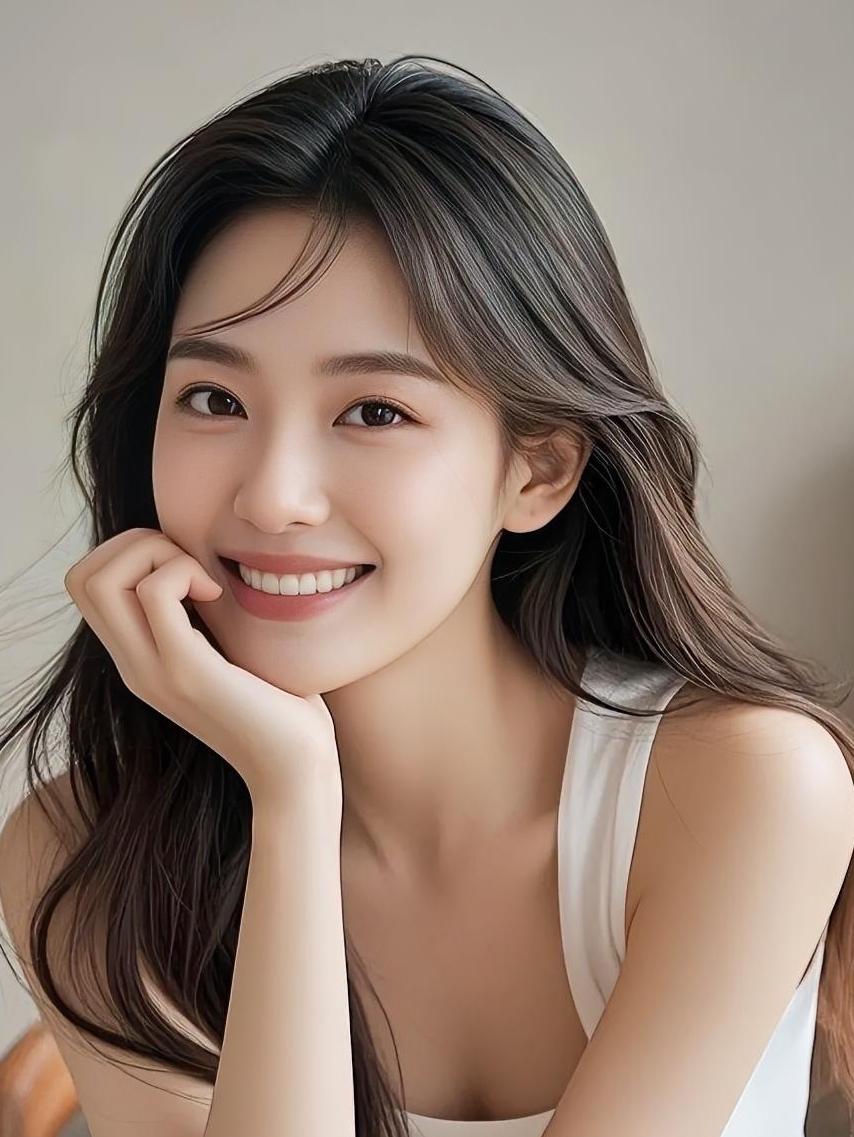 她托腮而笑，眉眼弯成温柔的弧，素净穿搭衬出松弛的舒展，真正的美从不是刻意雕琢，是