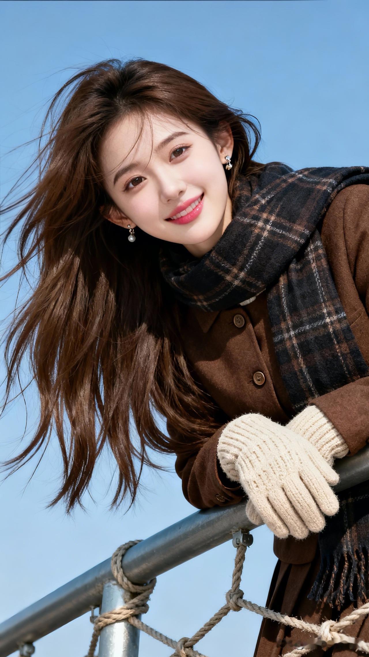 秀发如瀑，笑靥如花。少女风写真照 冬日暖阳下的甜美少女，温暖围巾与毛绒手套的完美