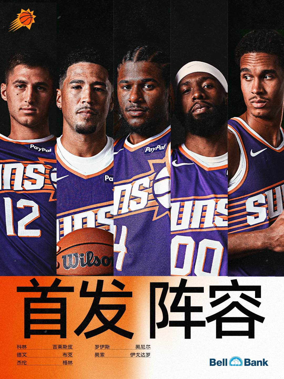 【今日首发阵容🏜️】🧡科林-吉莱斯皮💜德文-布克🧡杰伦-格林💜罗伊斯-