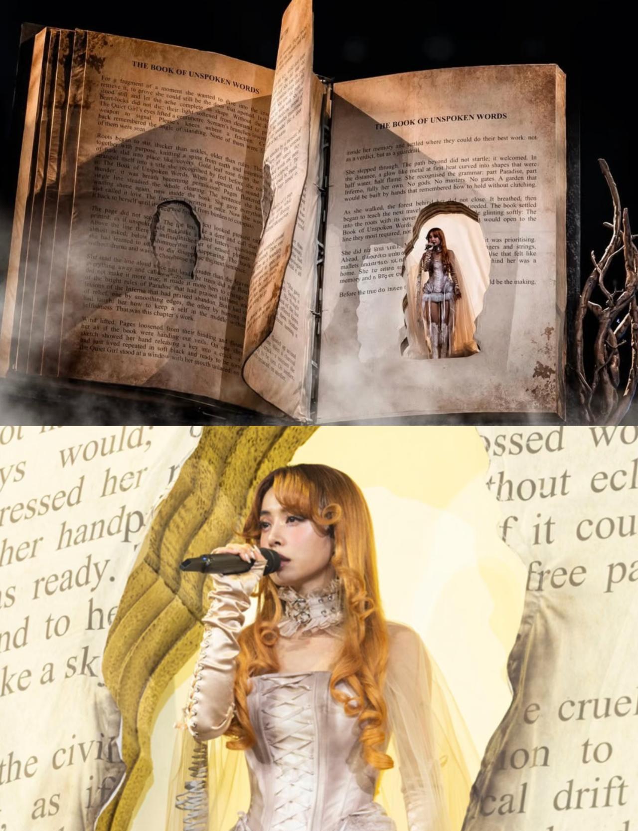 巨型“答案之书”缓缓开启，蔡依林本该优雅现身。
谁料，数百斤的书页突然失控，猛然