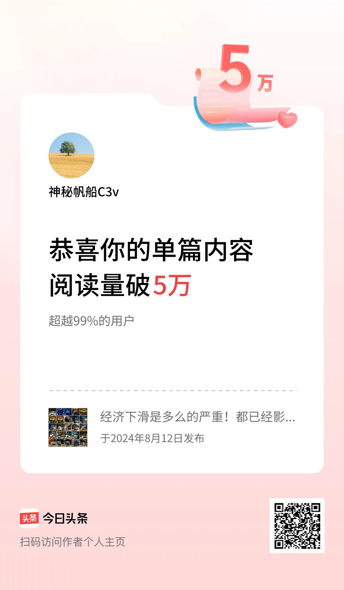 单篇内容获得阅读量破5万啦！
太不容易了[捂脸]