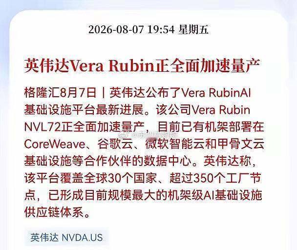 好消息！重磅好消息！
英伟达发布重大利好消息！
Vera Rubin正全面加速量