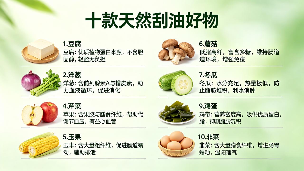 🍃 十款天然刮油好物
 
① 🍮 豆腐：优质植物蛋白来源，不含胆固醇，轻盈无