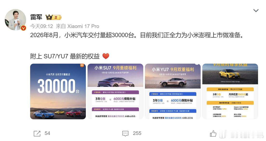 雷军回应小米汽车8月交付量 9 月 1 日，雷军在社交平台公布小米汽车 8 月成