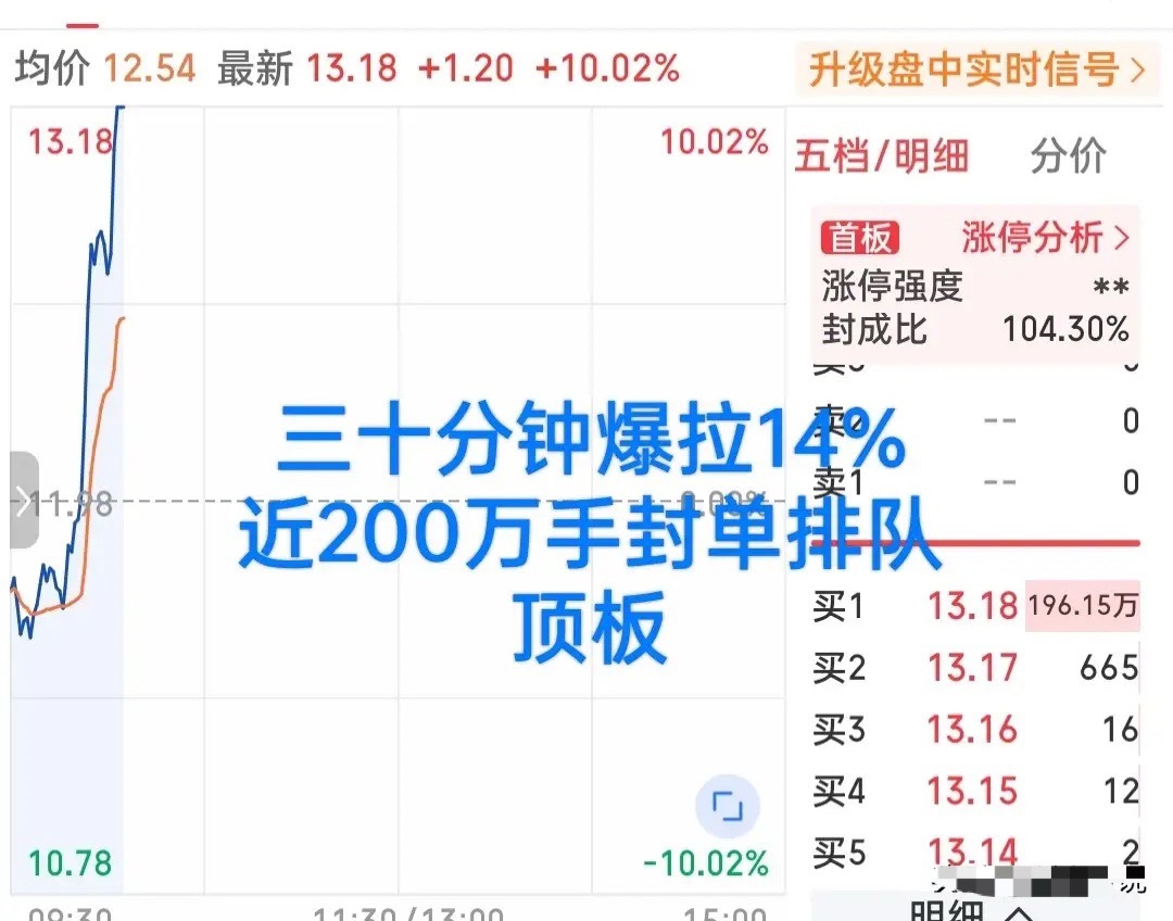 疯狂！太疯狂了！近200万手封单排队抢筹！半小时从水下-4%直线拉升狂飙涨停！这