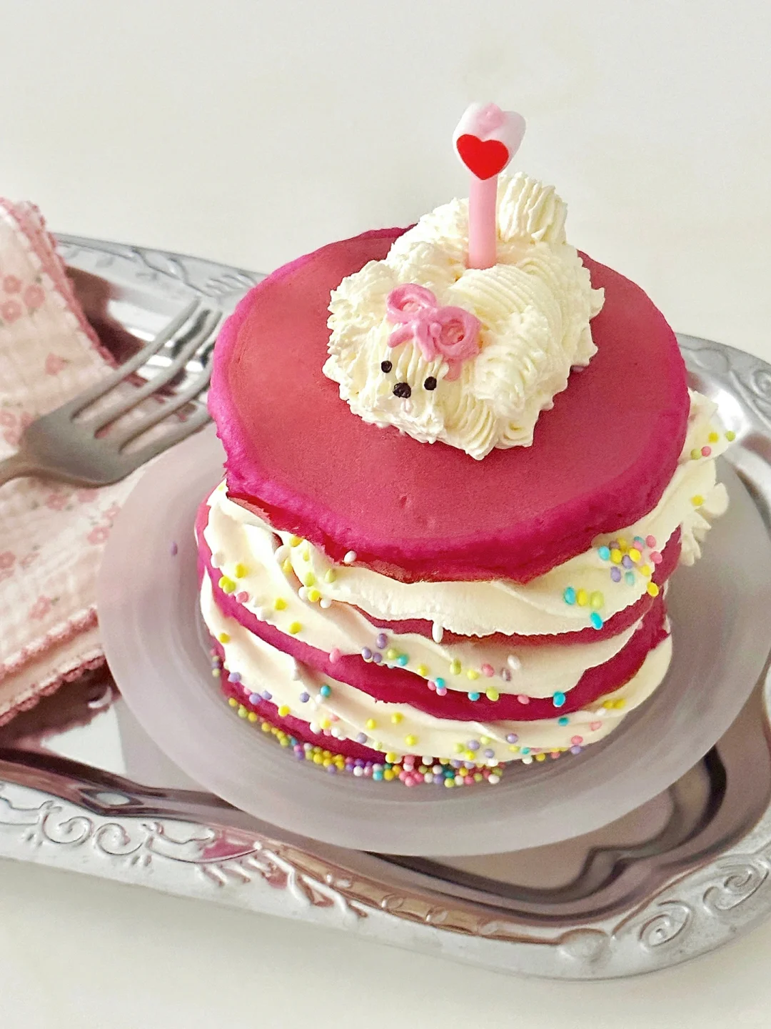 桃粉色小狗奶油松饼蛋糕 | 附教程