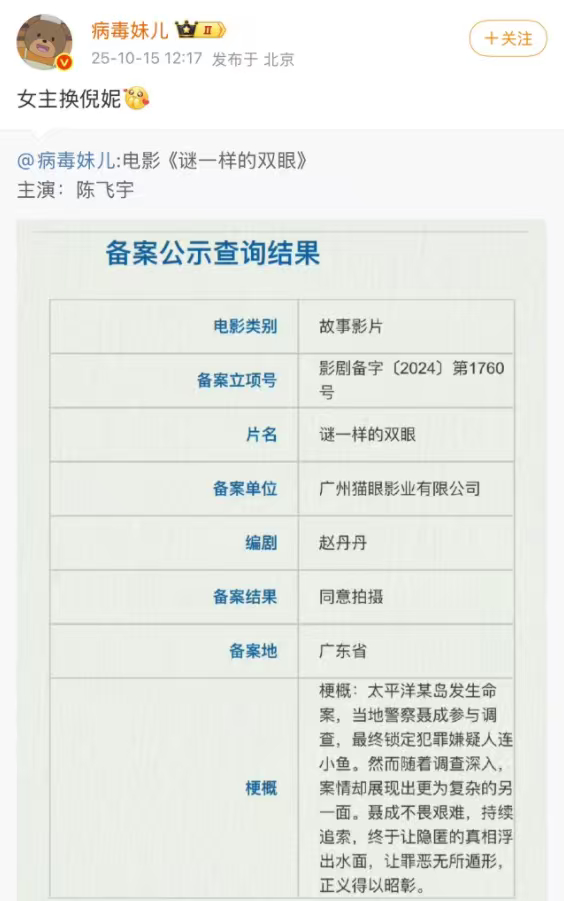 倪妮陈飞宇或将合作谜一样的双眼 倪妮、陈飞宇或将合作《谜一样的双眼》，这阵容你期