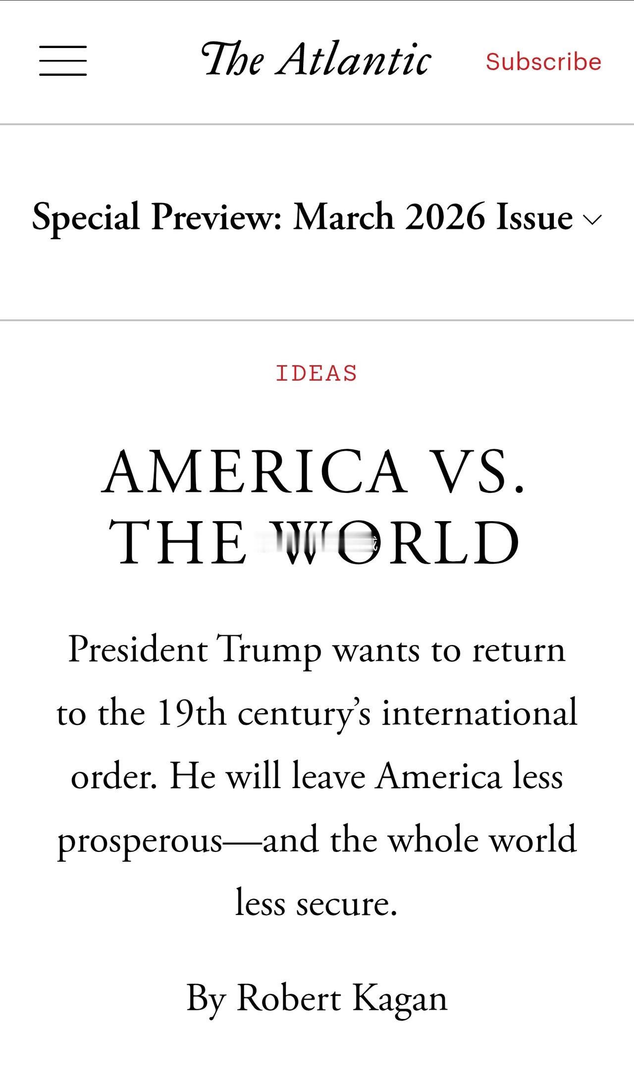 大西洋月刊最新刊登的长文：“美国对抗世界” 称，美式主导的自由主义世界秩序已经终