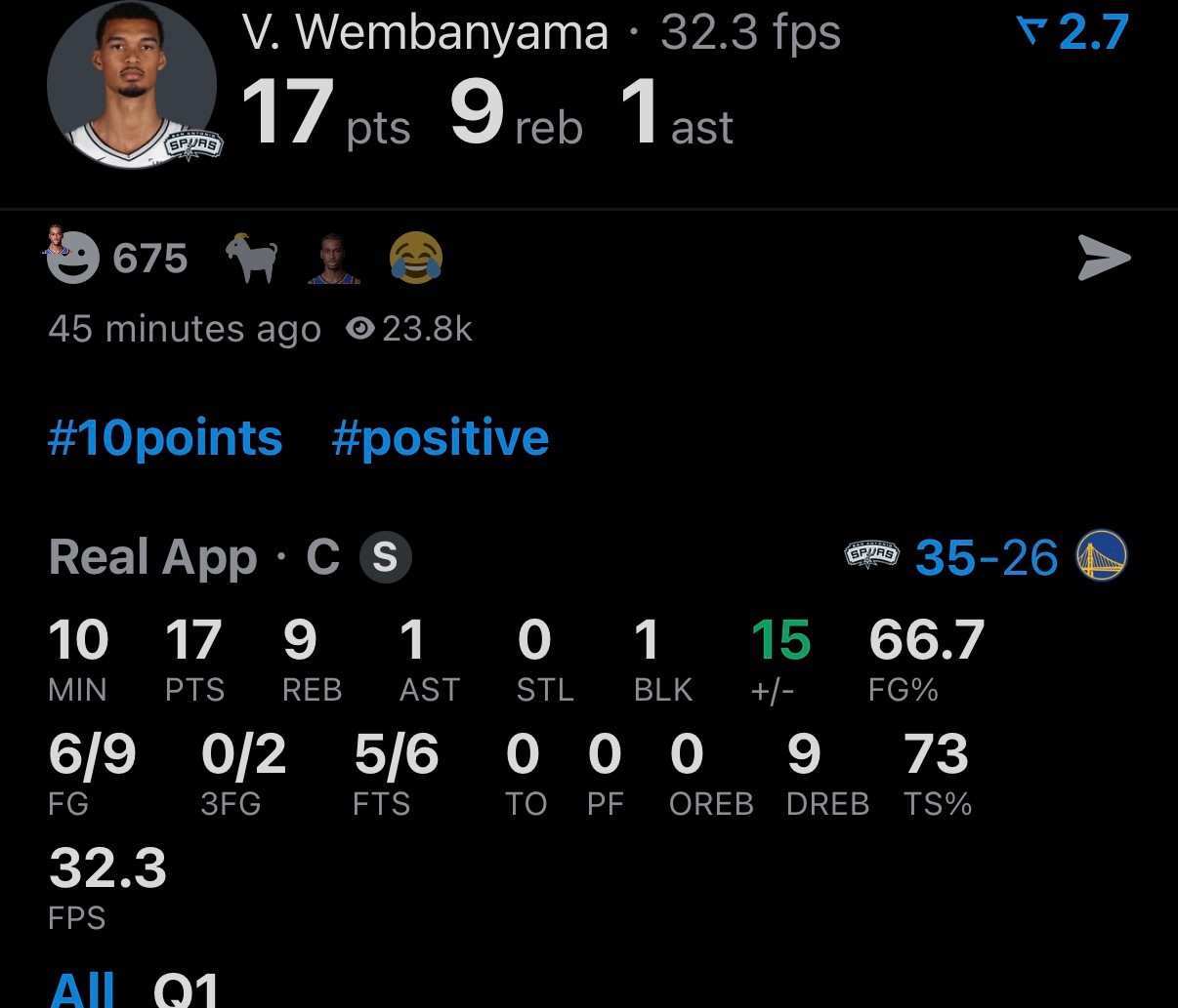 文班第一节就17分9篮板，太牛逼了，根本是碾压拿个50分吧，MVP！！！ 