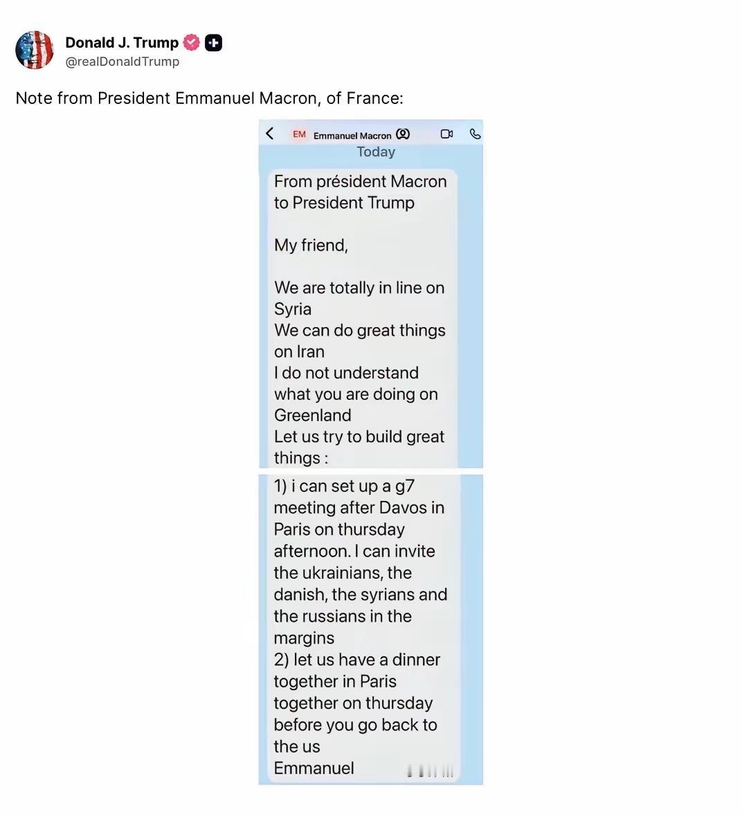近日，特朗普公布了法国总统马克龙发给他的短信：“我的朋友，我们在叙利亚问题上的观