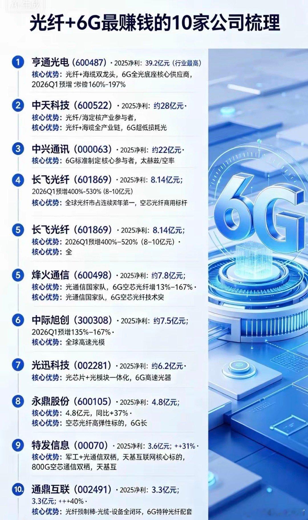别再乱找了！6G+光纤核心实力名单出炉，盈利实力一目了然！随着全球6G技术研发节