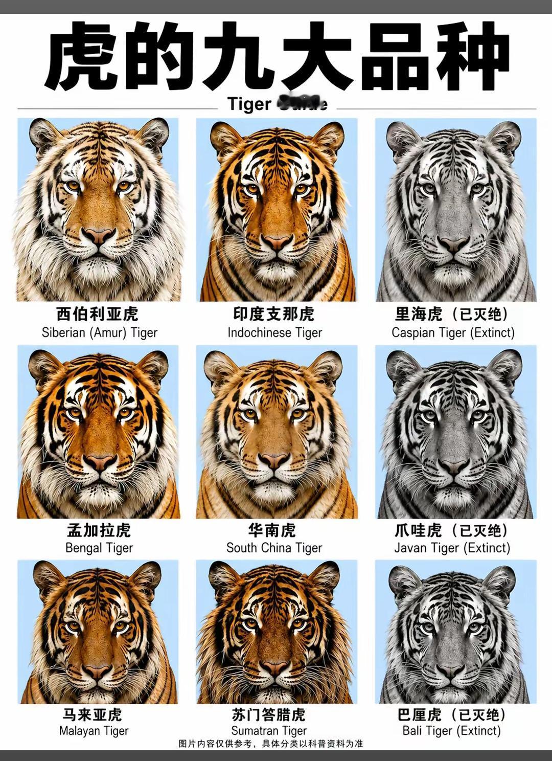 世界九大老虎品种，现在只剩下6种了！
   现存六种大老虎在体型、皮毛密度、头骨