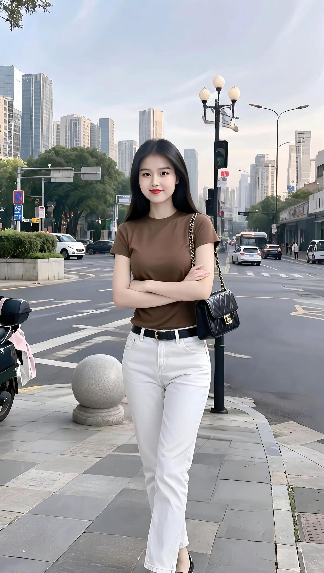 都市街头穿搭指南：简约棕色T恤+白色牛仔裤，时尚又百搭！