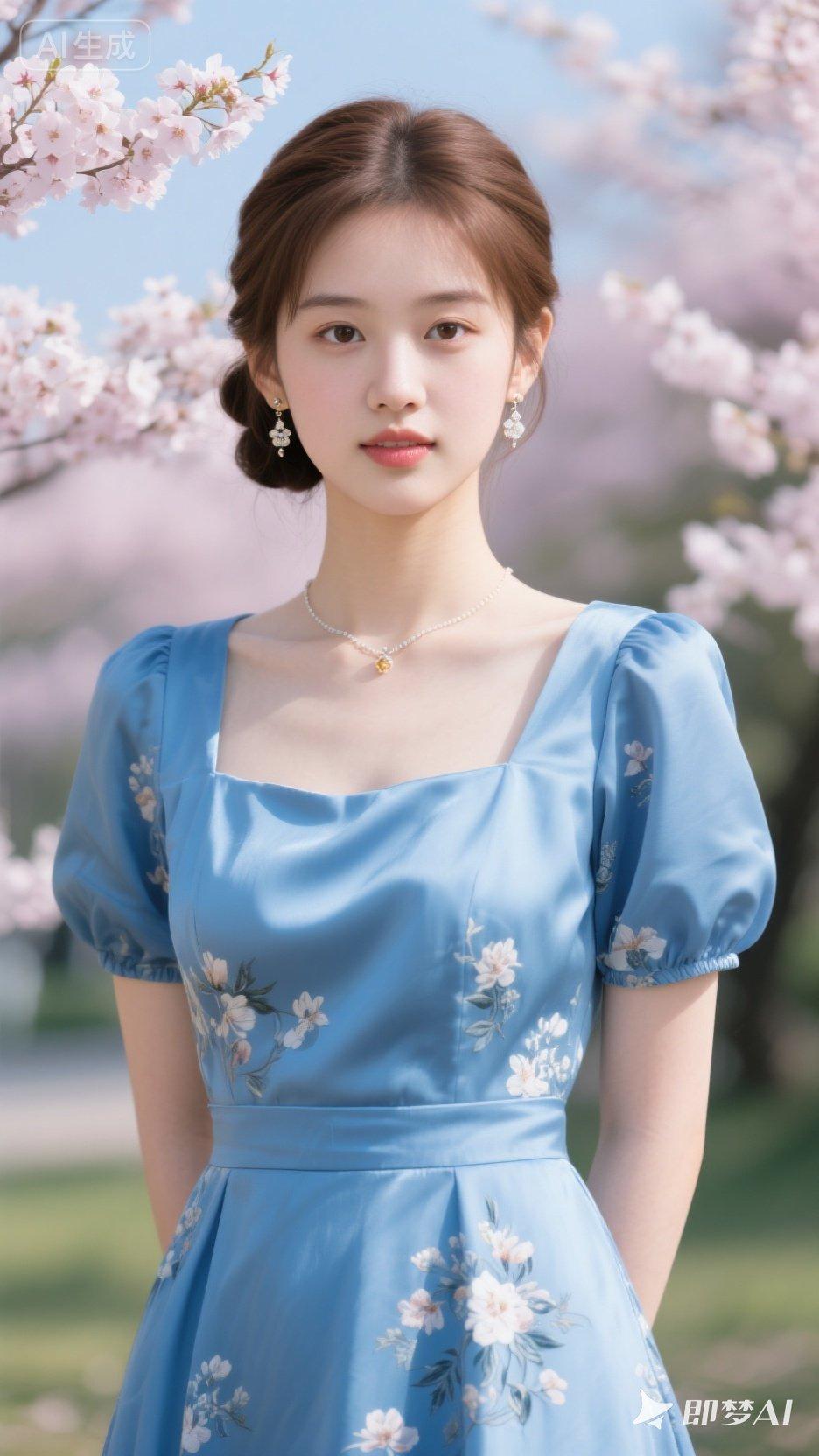 春日浪漫，蓝裙少女与樱花共舞
