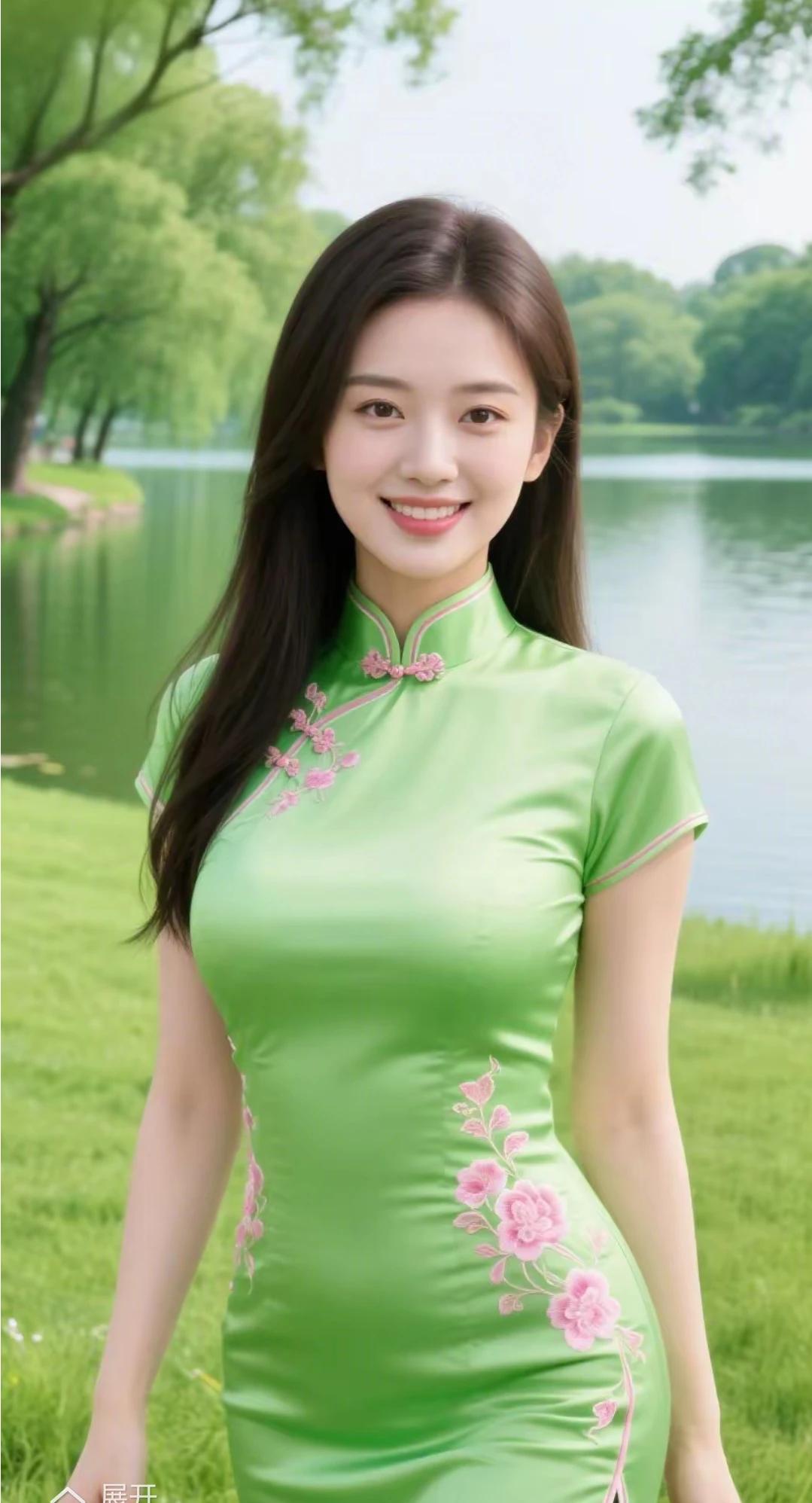 旗袍雅致衬娇容。
绿底牡丹显风情。
眉似春山含远黛，
眸若秋水映繁星。