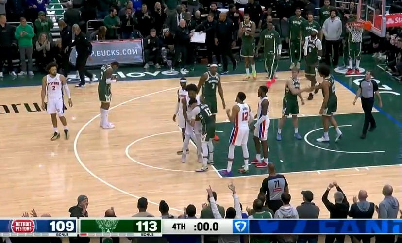 字母哥伤退，雄鹿全民皆兵，第四节完成逆转，主场113-109战胜东部第一活塞，终