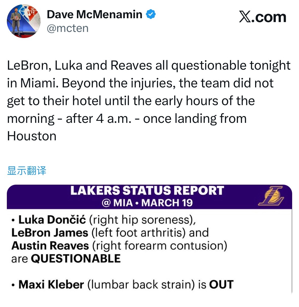 湖人队伤病报告：东契奇（右髋酸痛）、詹姆斯（左脚关节炎）、里夫斯（右前臂挫伤）：