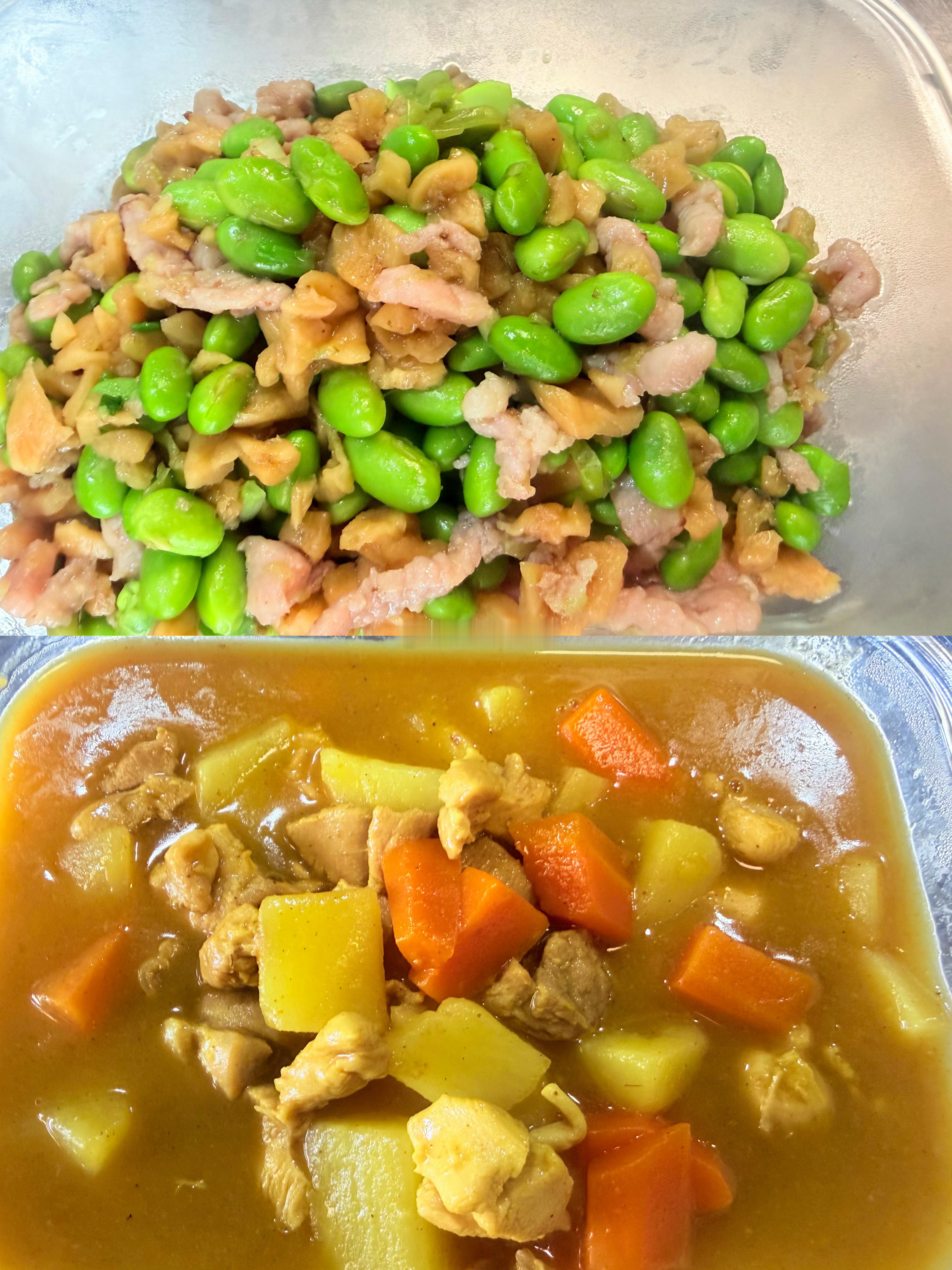 今日宵夜 | | 萝卜干炒毛豆～咖喱土豆鸡块～🍚榨菜肉丝番茄汤👍🏻牛马下班