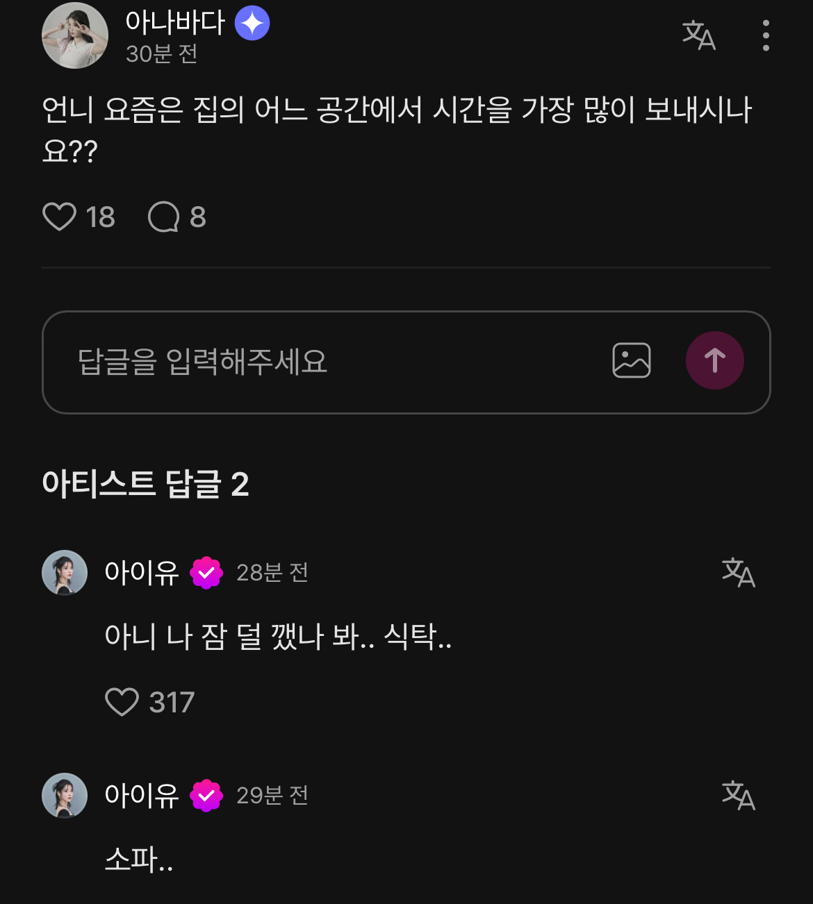 爱娜：姐姐最近在家里的哪个空间度过的时间最多？IU：沙发（过了一会回复）不是，我