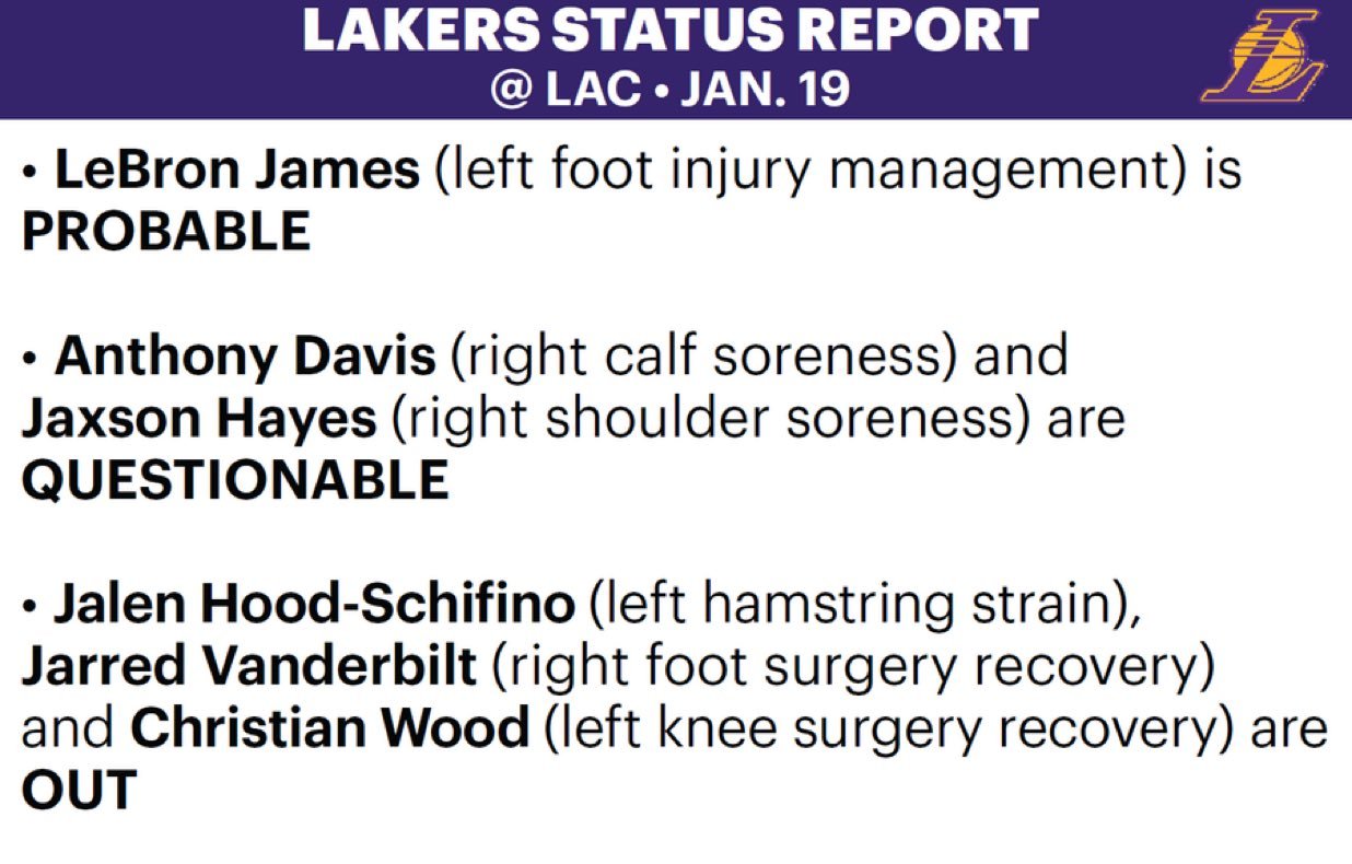 明日洛城德比，詹姆斯大概率出战，海斯和戴维斯出战成疑，希菲，彪子，伍德缺席。 