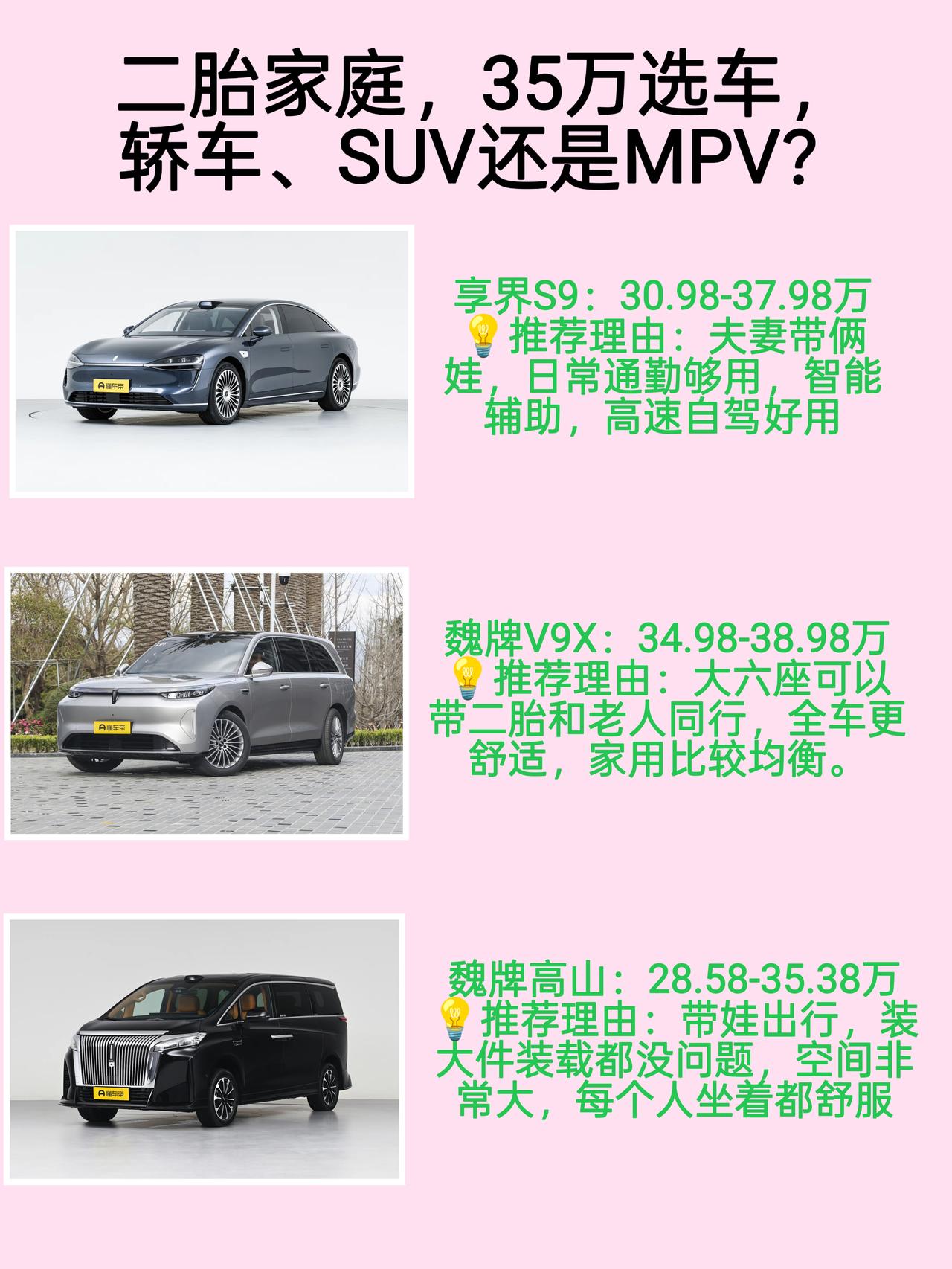 二胎家庭手握35万左右想买台车，到底是选轿车，SUV还是MPV呢，一篇讲明白：