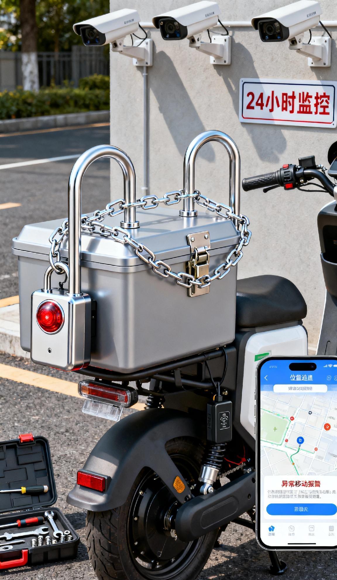 金彭电动三轮车电池怎么防盗优先用原装防盗报警器，搭配不锈钢U型锁+链条锁双重固定