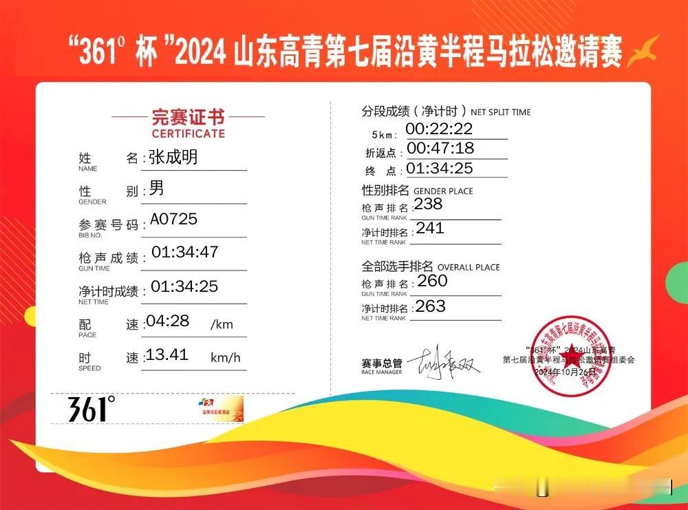 10.26淄博高青半程马拉松顺利完赛，成功PB，成绩又有一个很大的提高，感谢赛组