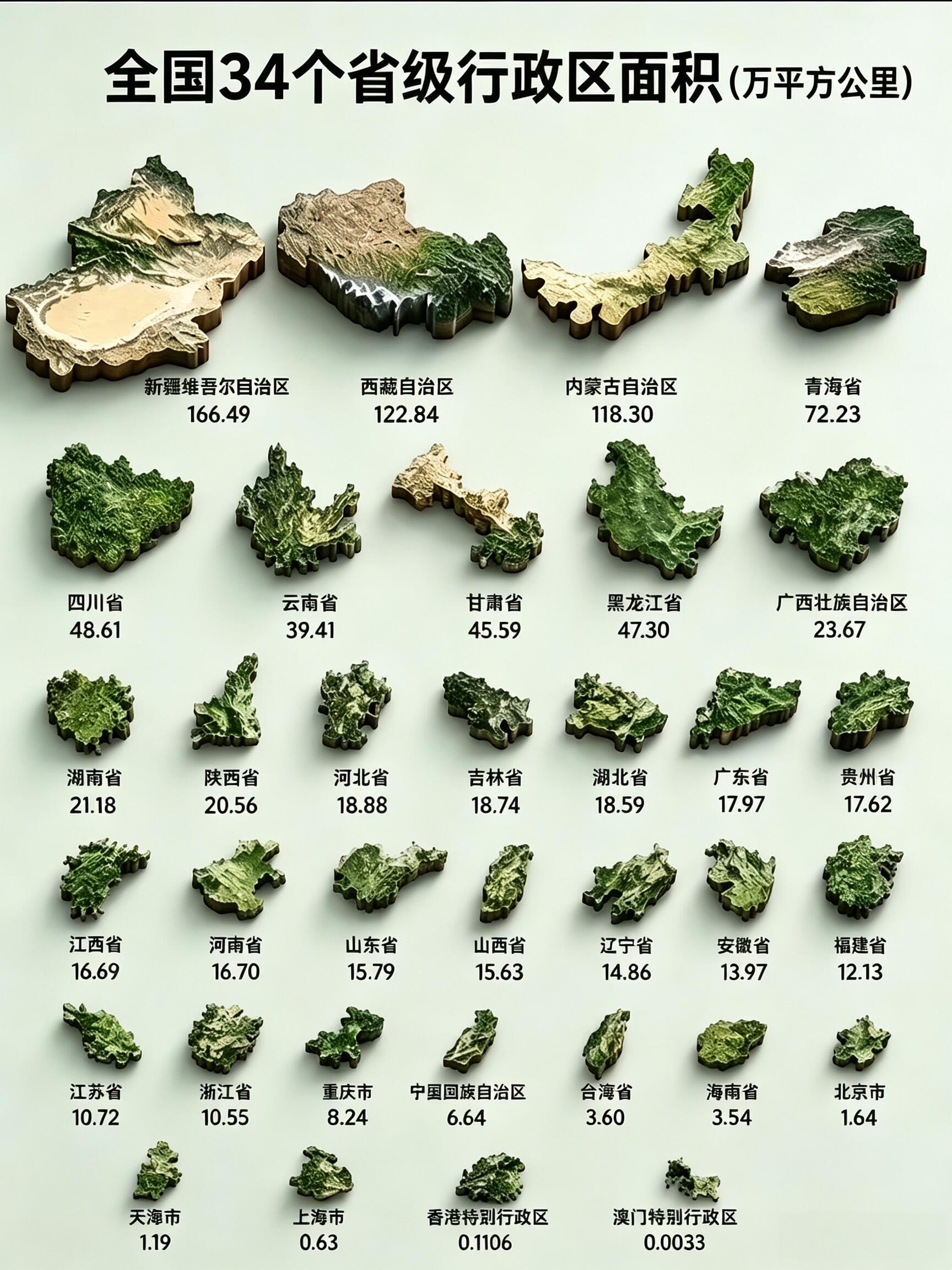 中国各省级行政区面积。新疆维吾尔自治区：166.49万平方公里西藏自治区：122