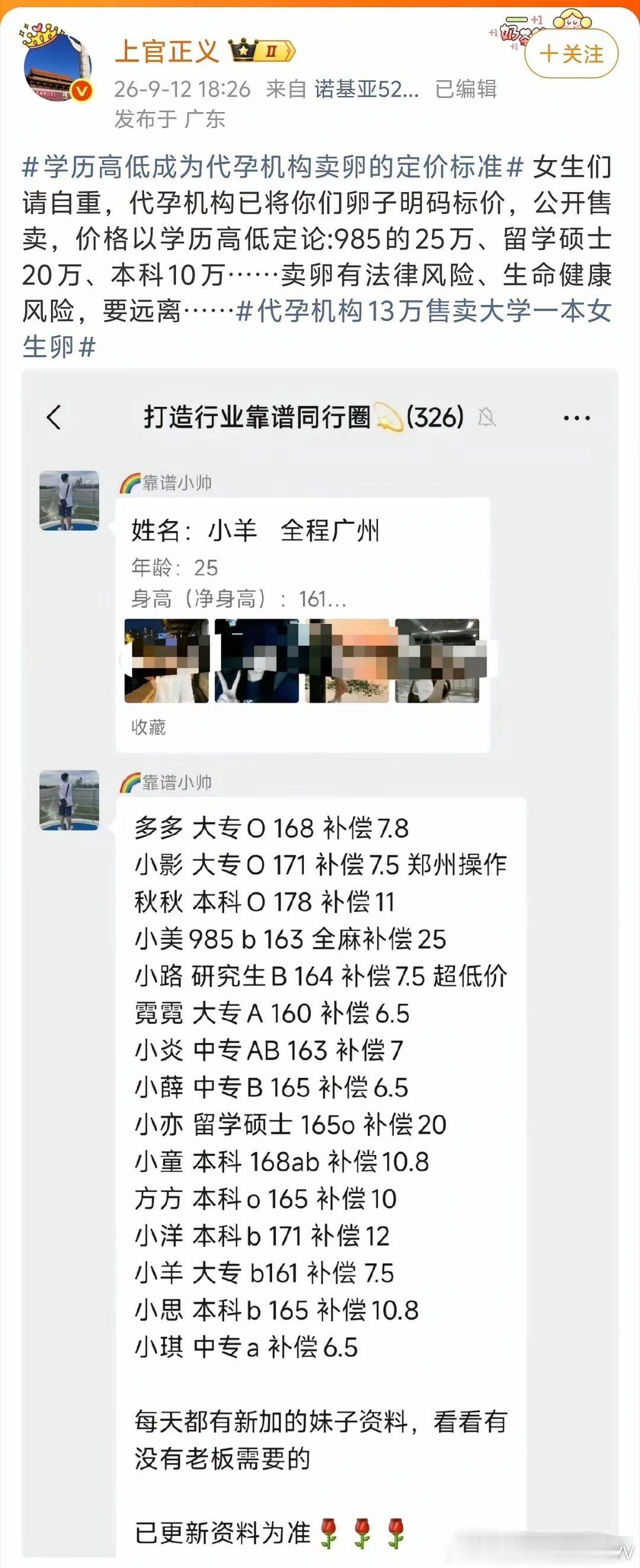 看到代孕机构把卵子按学历明码标价，985毕业生25万、留学硕士20万、本科10万