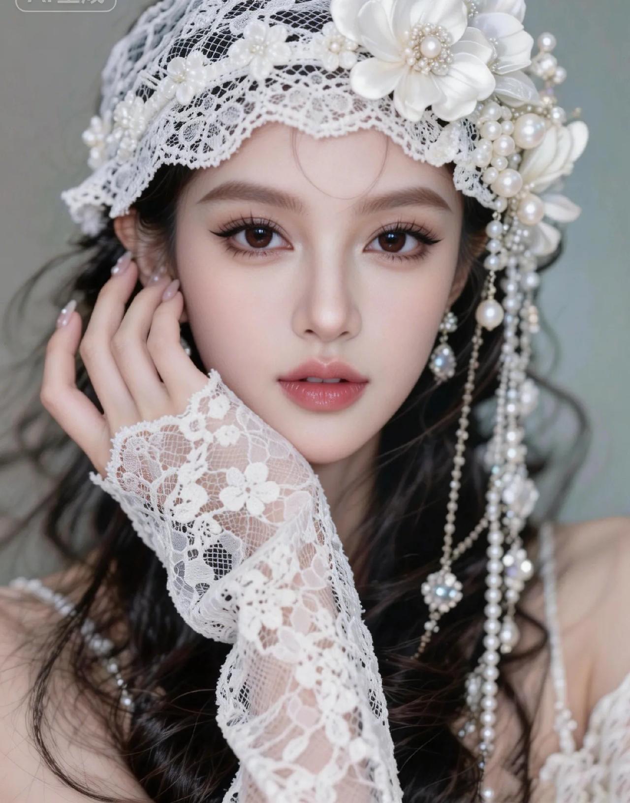 白蕾丝与珍珠缠绕成旧时光的温柔，缎面花在鬓边轻颤，像把一整个春日的浪漫都别在了发