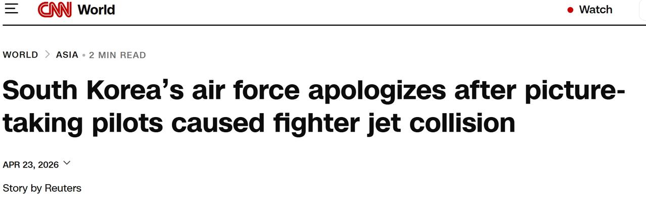 韩国空军飞行员为了自拍调整飞行角度导致两战机空中相撞
当地时间周四，韩国空军为2