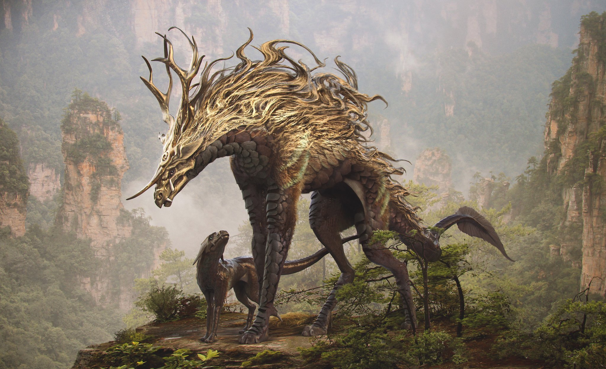 《神奇动物：邓布利多之谜》概念艺术图——麒麟妈妈和麒麟宝宝。画师：Thomas 