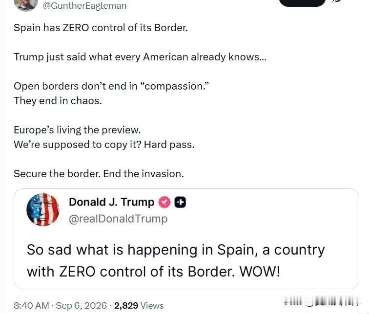 西班牙已经完全管控不住本国边境。
 
川普说出了每个美国人都心知肚明的事实……