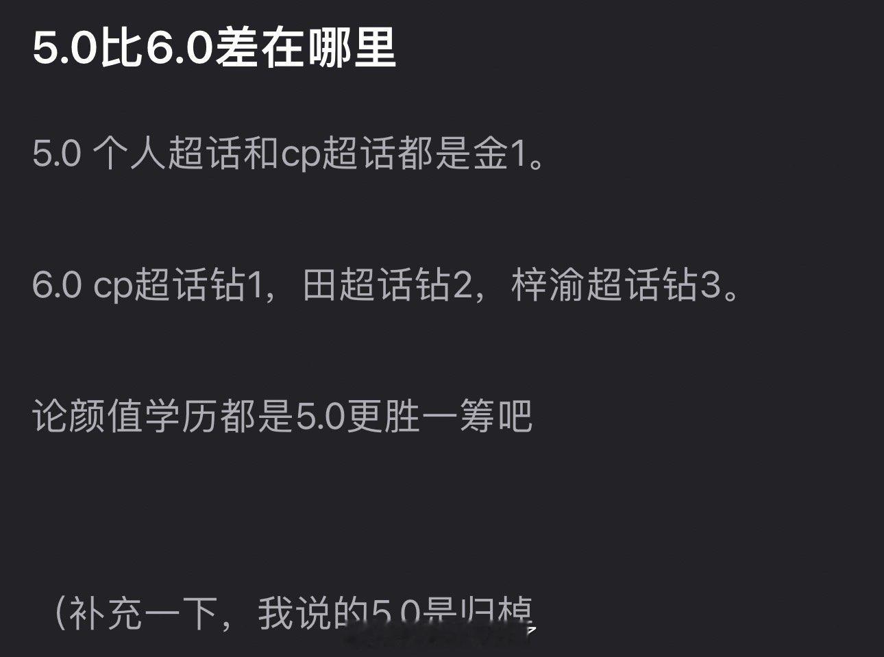 5.0比6.0差在哪里？5.0 个人超话和cp超话都是金1，6.0 cp超话钻1