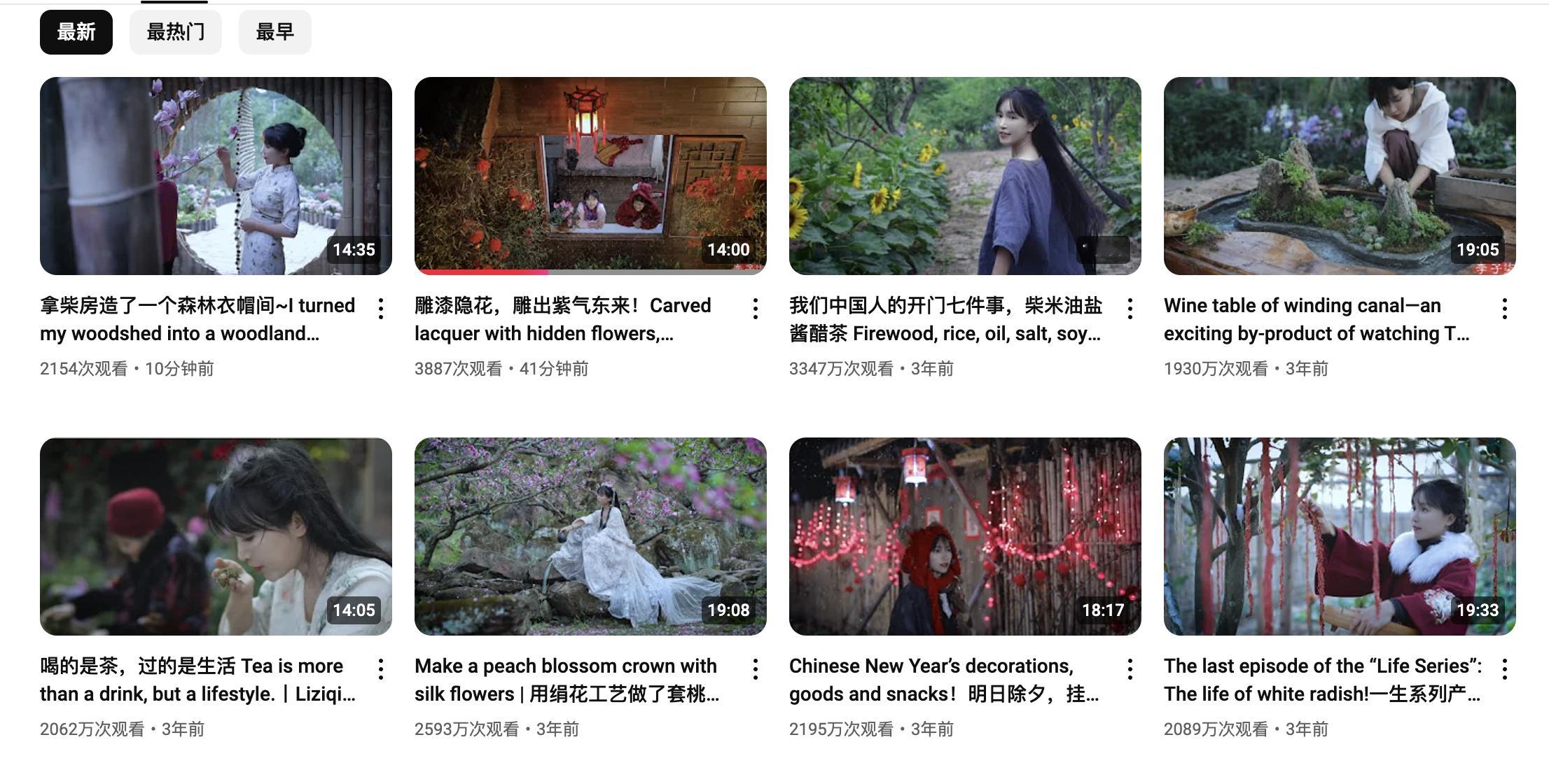 给大家看看李子柒在YouTube上的视频播放量！！！截止今天，她的粉丝量高达19