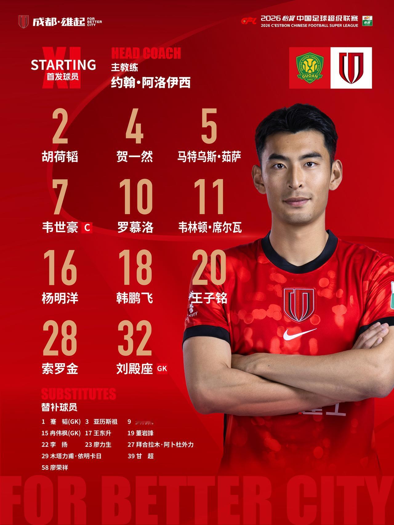 比赛首发名单出炉！成都，雄起！