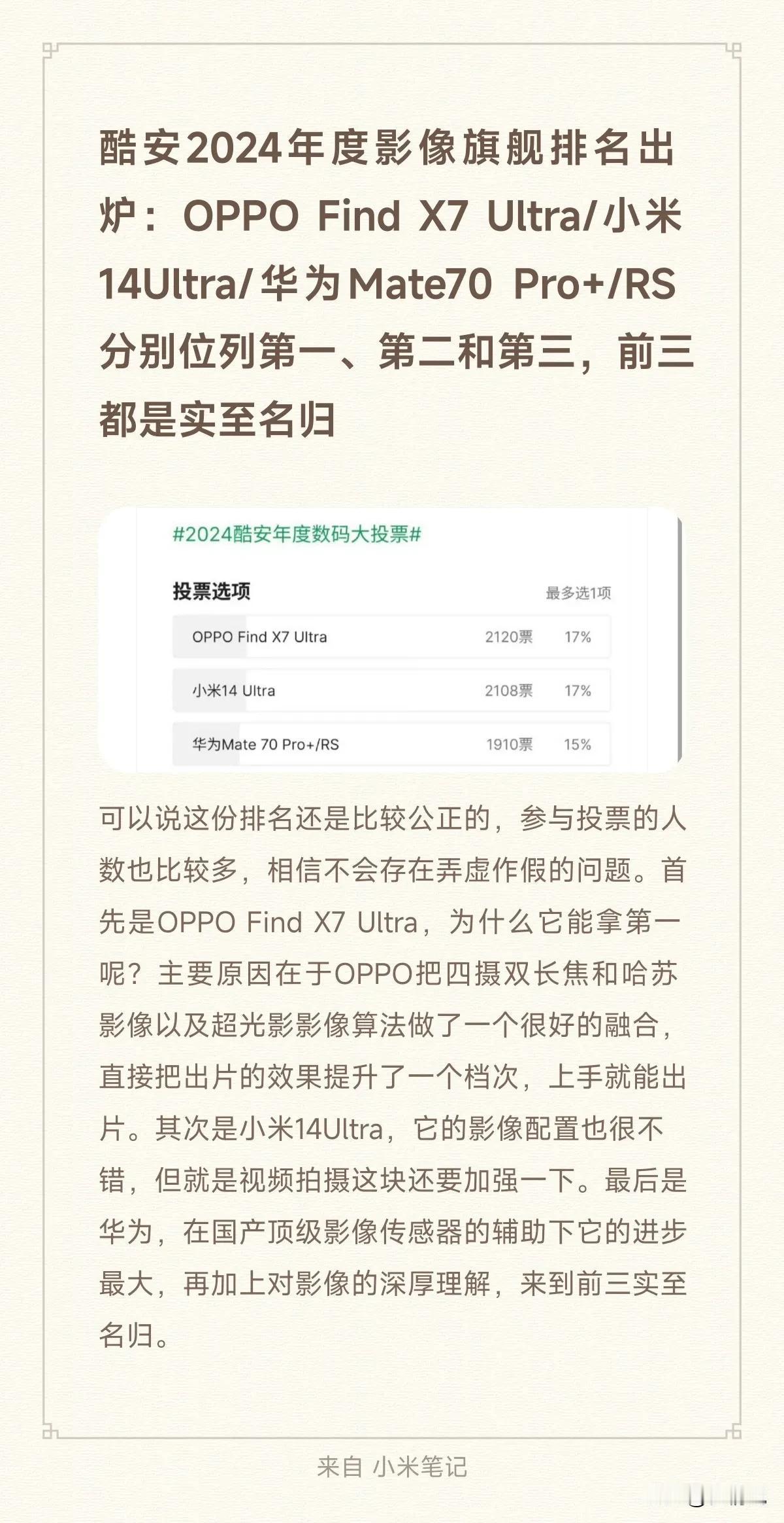 酷安2024年度影像旗舰排名出炉：OPPO Find X7 Ultra/小米14