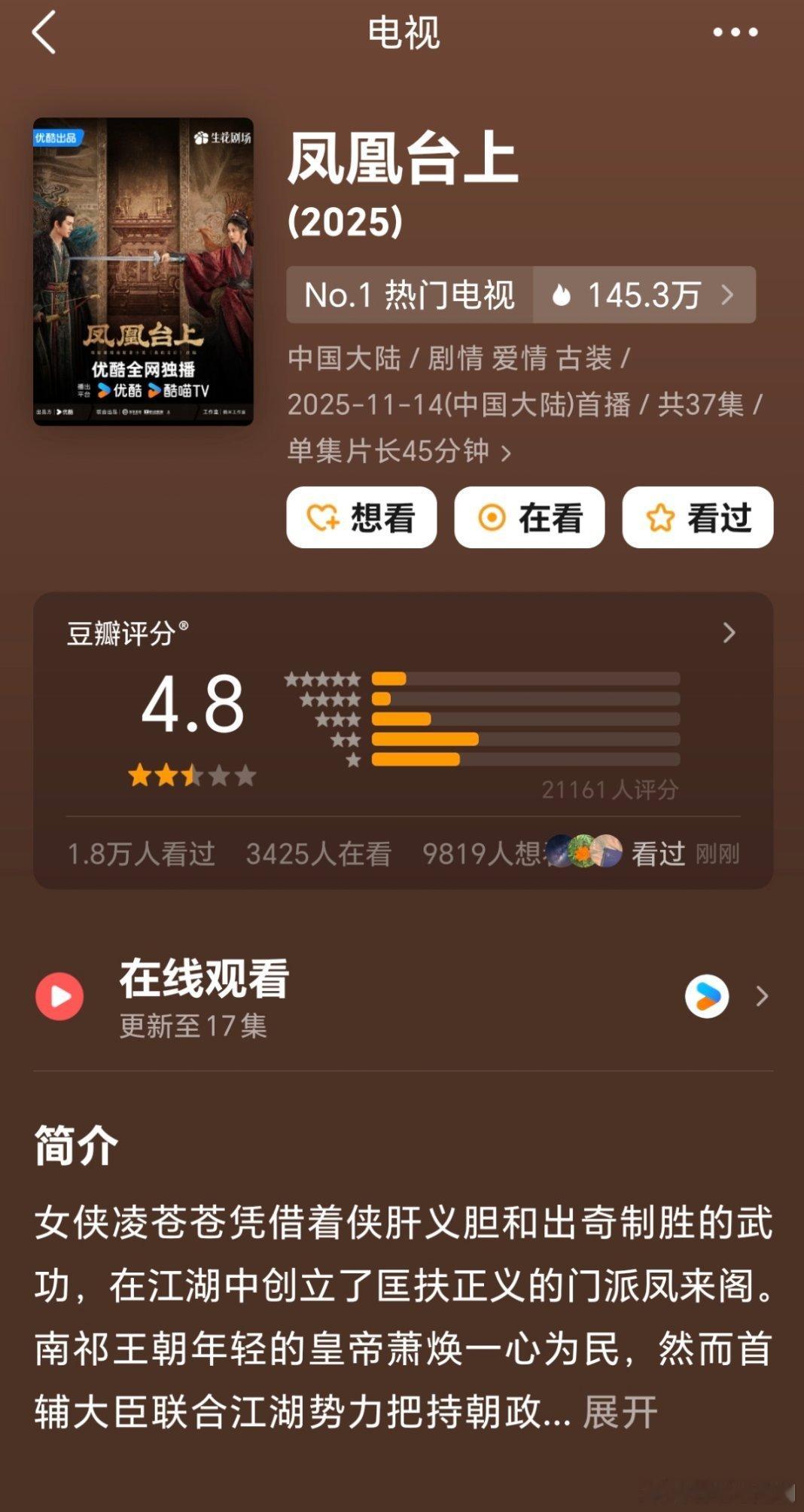 《凤凰台上》豆瓣开分4.8，不知道说什么好了，随手点开了一些一星评论的主页看了一