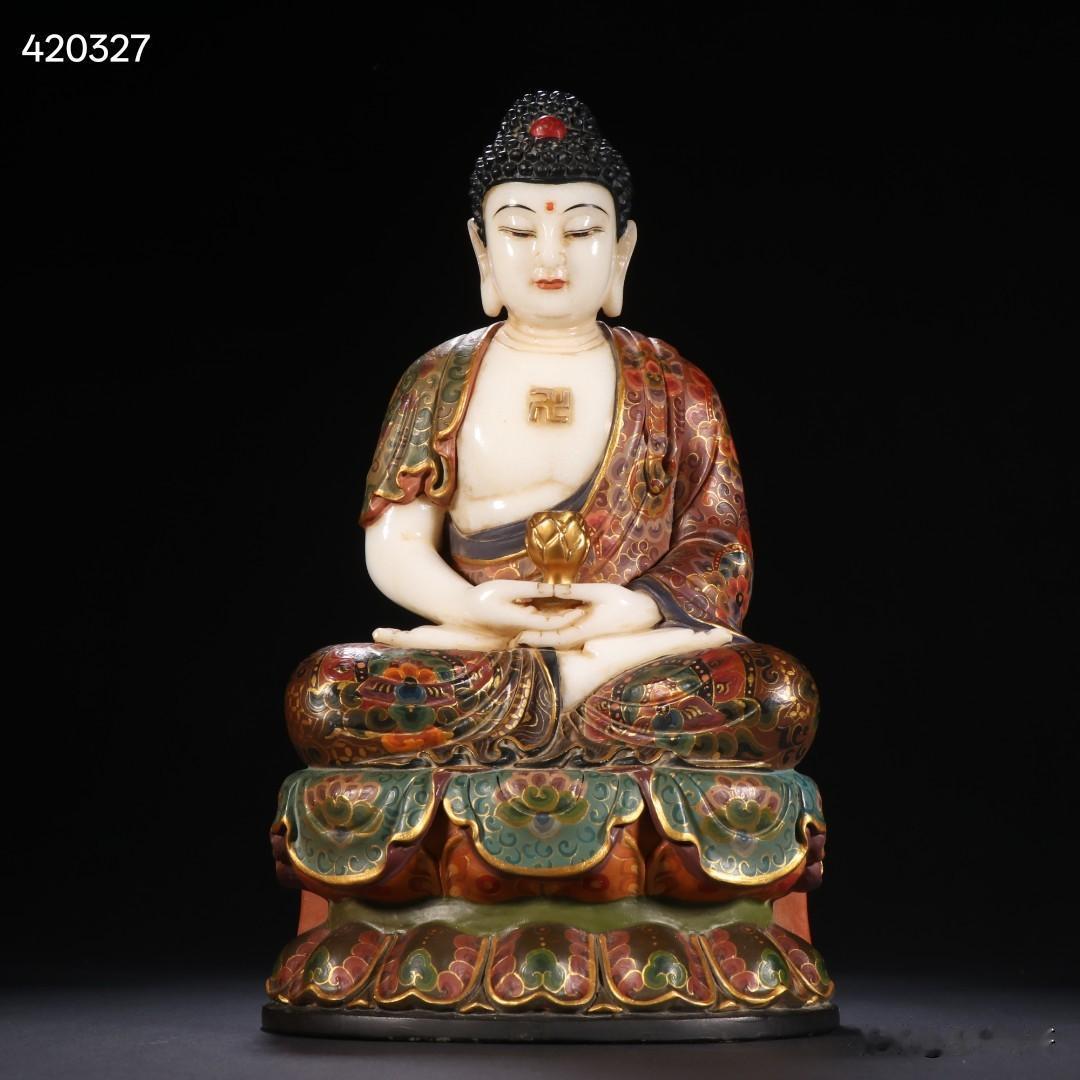 旧藏 汉白玉描金彩绘佛一尊。
规格：高28cm 宽17cm