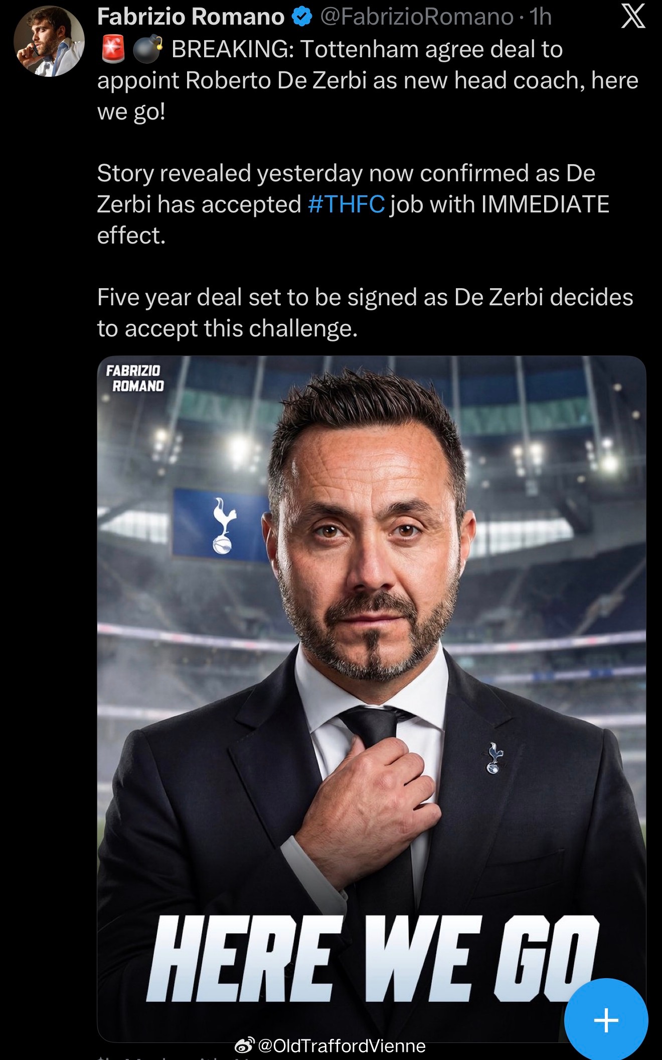 德泽尔比上任热刺主帅 官宣了5年合约 