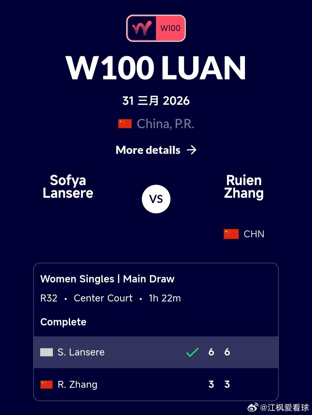 W100六安站🇨🇳女单第1轮外卡参赛的小将张瑞恩🇨🇳3-6/3-6不敌资