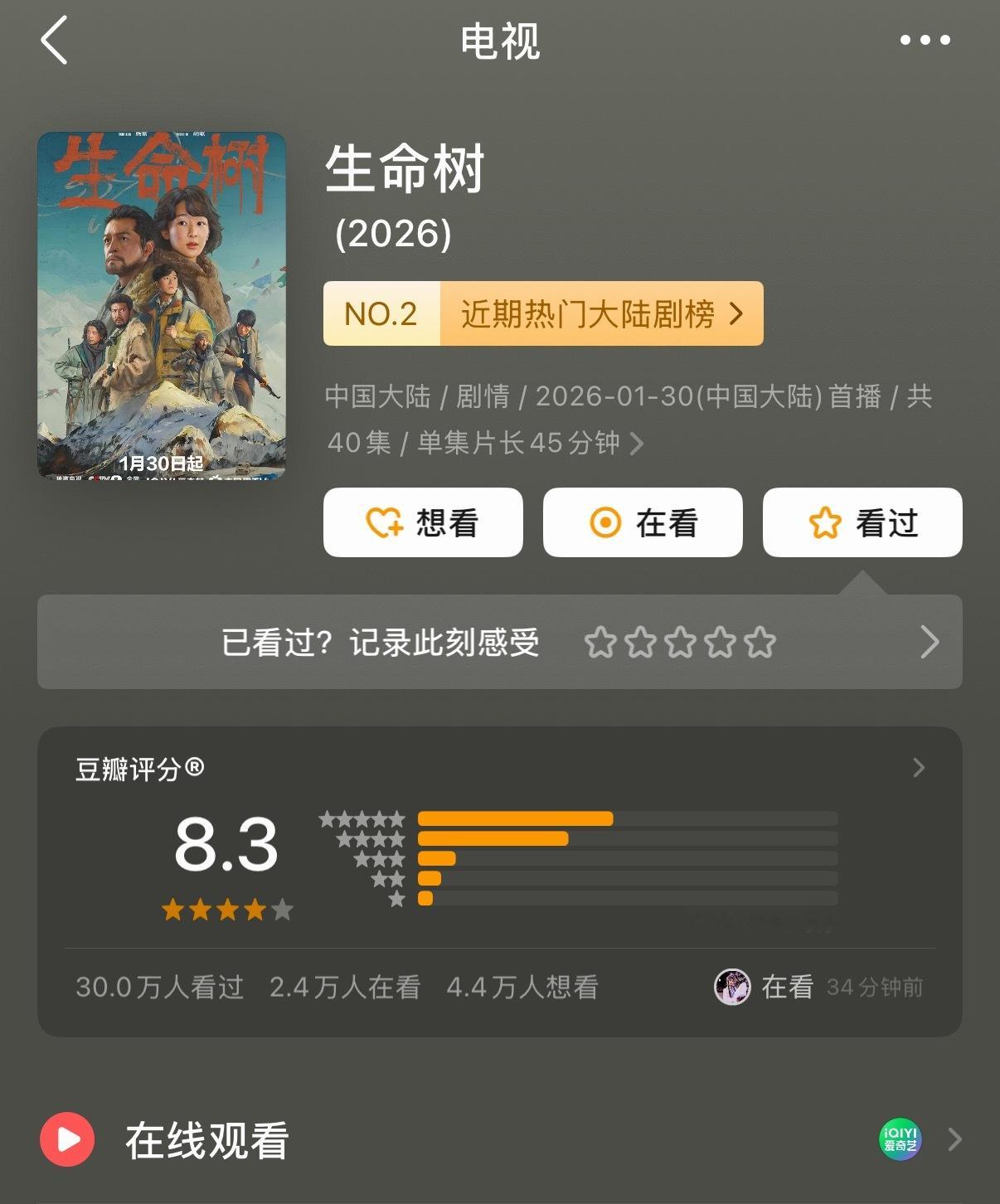 杨紫生命树豆瓣打分人数破32万人次 